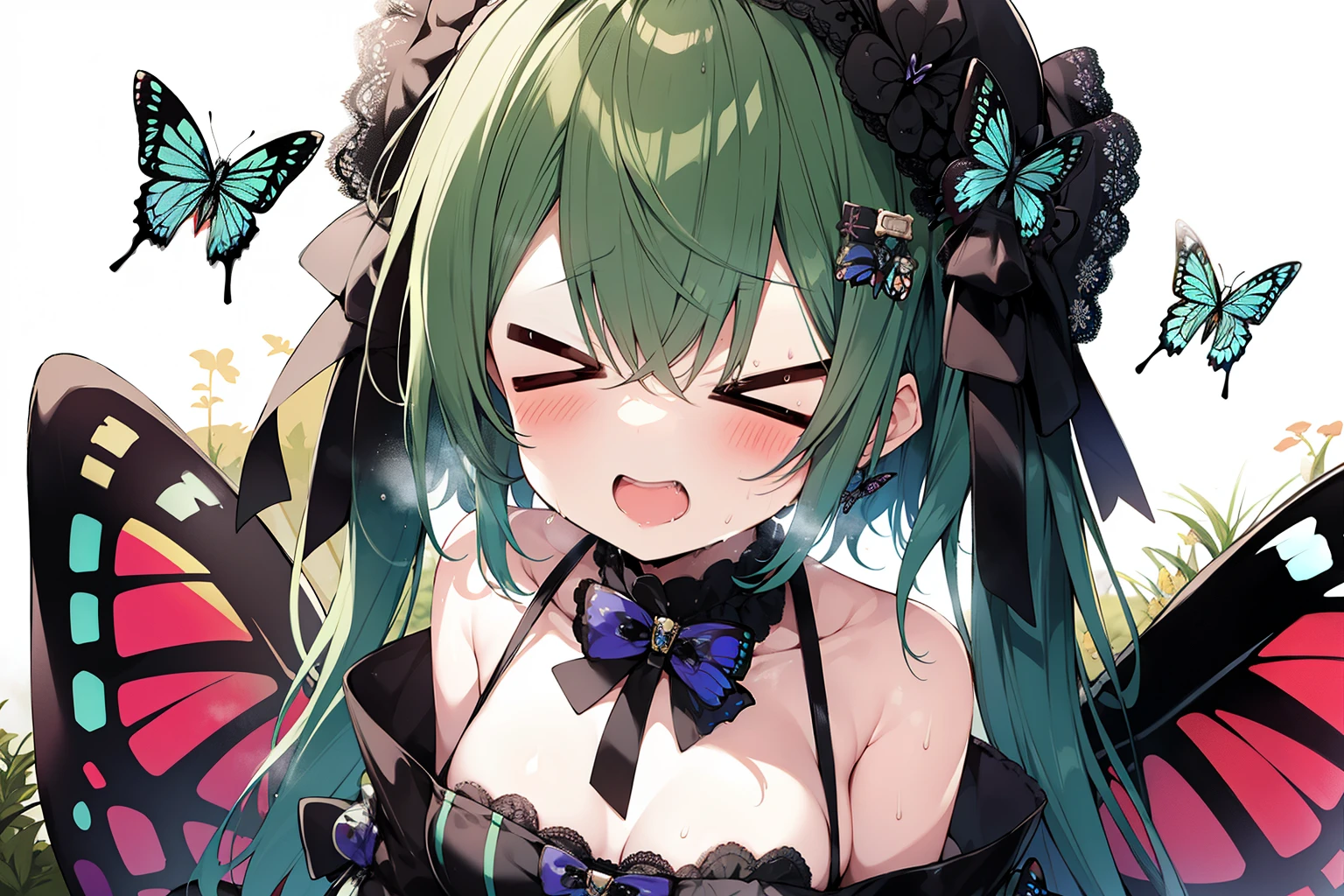 eyes wide open、Gothic Lolita、Swallowtail butterflies dance、Unstable thoughts、desire for control,, NSFW、insert、stooping posture、breathing heavily、scream、Lots of sweat、overflowing juice、