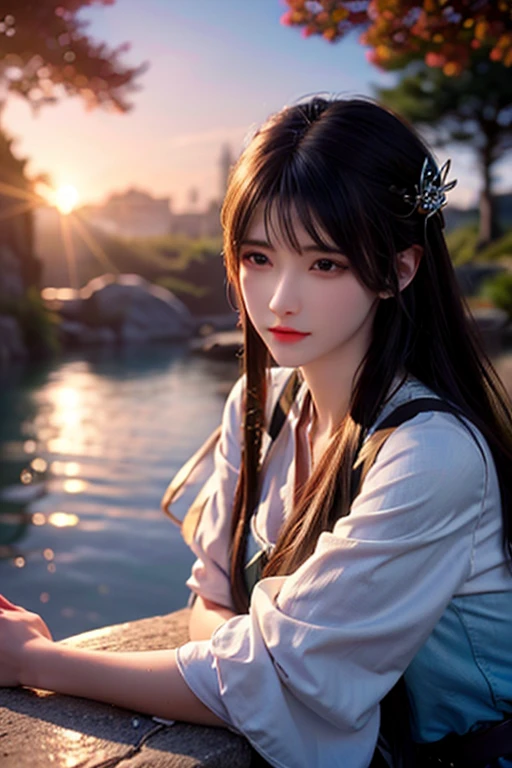 1 girl, serene expression, mesmerizing eyes, straight long hair, flowing dress, poised posture, porcelain skin, subtle blush, crystal pendant
BREAK
golden hour, (rim lighting):1.2, warm tones, sun flare, soft shadows, vibrant colors, painterly effect, dreamy atmosphere
BREAK
scenic lake, distant mountains, willow tree, calm water, reflection, sunlit clouds, peaceful ambiance, idyllic sunset, ultra detailed, official art, unity 8k wallpaper
, zentangle, mandala