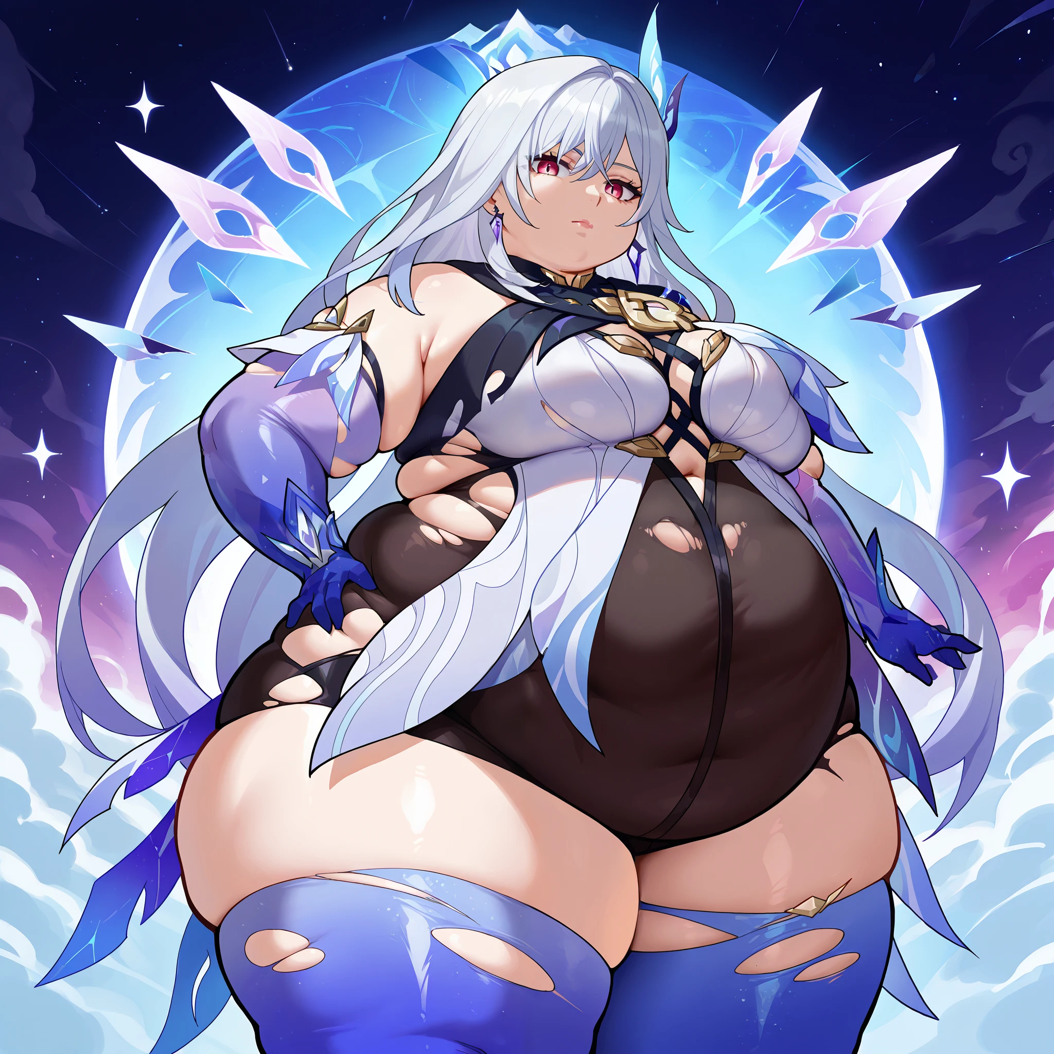 skirk \(genshin impact\), genshin impact, 1girl, solo, breasts, long hair, gloves, thighhighs, looking at viewer, elbow gloves, hand on hip, bangs, hair ornament, jewelry, blue gloves, bare shoulders, grey hair, large breasts, earrings, thighs, blue thighhighs, purple eyes, very long hair, hair between eyes, torn clothes, leotard, dress, red eyes, standing, closed mouth, black shorts, shorts, universe, event horizon masterpiece, best quality, very aesthetic, absurdres, Curvy, chubby, chubby girl, curvy, large breasts, lips, plump, thick thighs, thighs, (((oversized gigantic stomach)), curvy, large breasts, lips, plump, thick thighs, thighs, immobile
