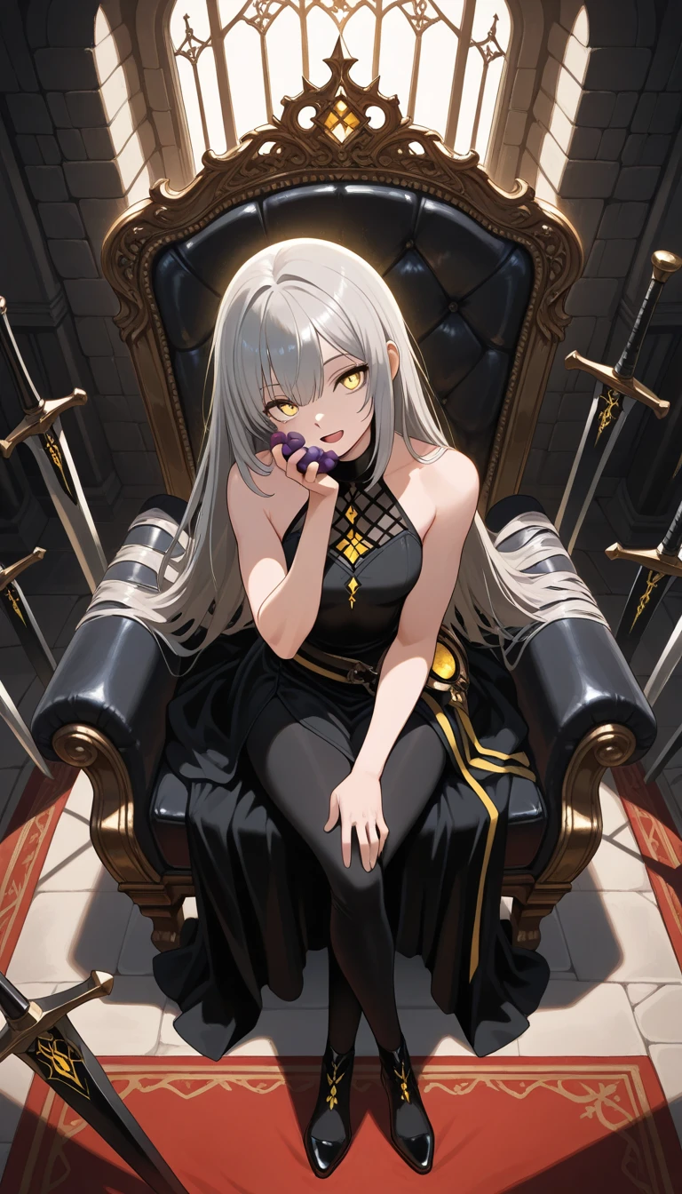 Irisviel,black with golden dress sleeveless,solo,looking at viewer,beautiful smile,arm at side,middle size of breast,beautiful necklace,hands up with smile
