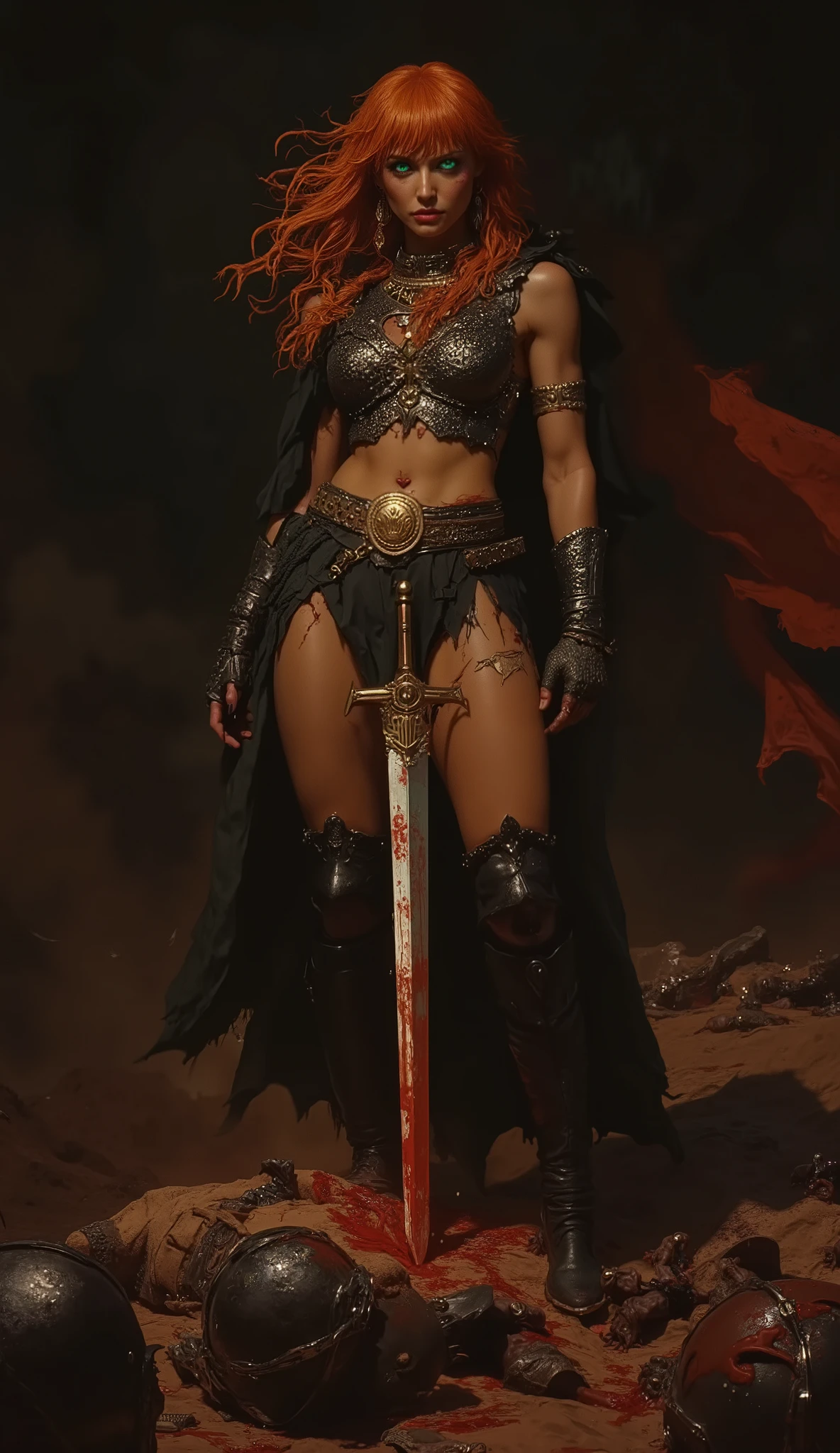 ((artwork, highest quality, Highest image quality, high resolution, photorealistic, CRU photo, 8k)),(best quality, 4k, high resolution, masterpiece: 1.2), ultra detailed, (realistic, photorealistic: 1.37), ray tracing. Best quality, masterpiece,Red Sonja stands with a stern look at the viewer. expression of pure hatred and rage on her face. screaming with uncontrolled fury after the battle. furious and rabid. Beautiful, beautiful woman, orange-red hair, very long, disheveled and unruly hair falling on her , detailed green eyes, long eyelashes, thick pink lips, wet lips. Dressed as Red Sonja the comic book character, with a chainmail top, top and thong made with chainmail. Chainmail top and thong, sexy top and thong, black aged leather knee high riding boots, dirty red cape torn and frayed blowing in the wind, big , long hardened black leather gloves, narrow waist, average hips, wide belt with ornately engraved round gold buckle, shapely legs, sun-tanned skin. abdomen shown. Red Sonja stands on a mound, under her feet is full of enemy soldiers in epic fantasy medieval armor, stacked in a triangle on top of each other, with arrows stuck in the s of dead soldiers, in the background frayed banners wave in the wind. she stands on top of the s. the mound is covered with hundreds of bodies of soldiers defeated by Red Sonja. Epic battle scene. Red Sonja wields a mystical and powerful sword with runes on its blade with both hands. The sword is covered in the blood of her enemies. Blood drips from the edge of the sword, threatening the camera as a sign of victory and power. Red Sonja is completely stained with blood, blood on her face and body, a furious and wild beauty. The sky is tinged with red and black. Epic scene of Red Sonja's victory against many enemy medieval soldiers. Bloody and violent scene of sword and sorcery. Epic fantasy.