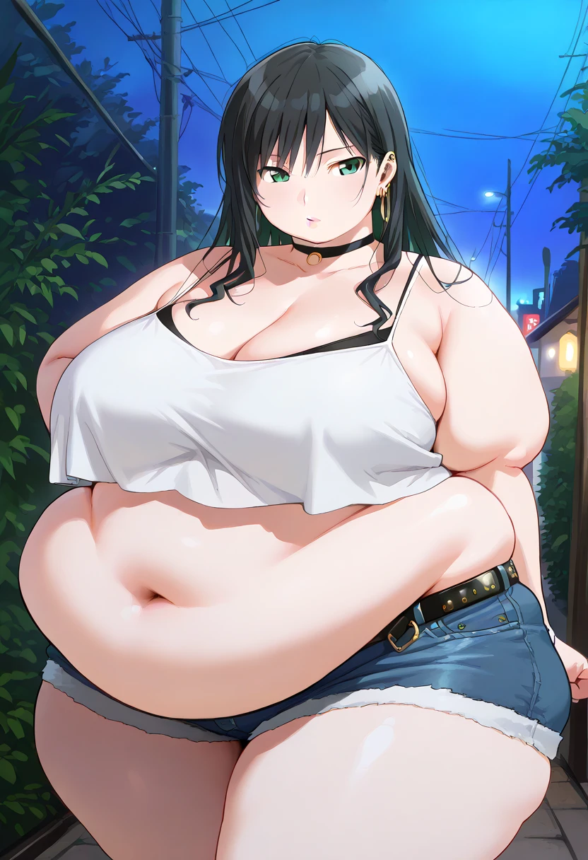 (masterpiece、highest quality:1.2)、solo、anime woman、revue、grin and laugh、looking at the viewer、Are standing、long brown hair、brown eyes、ponytail、V-shaped eyebrow hair、white bra、collarbone、fingerless gloveini string 、belt、holster、strong muscles pregnant 、big enormous massive gigantic breasts、woman with very large enormous massive gigantic big large fat absurde breasts、cleavage、muscular and strong pregnant 、Tattoo on the right shoulder、tall woman pregnant 、toned body、muscular pregnant woman 、Sidewalks in the city、sunset、chubby