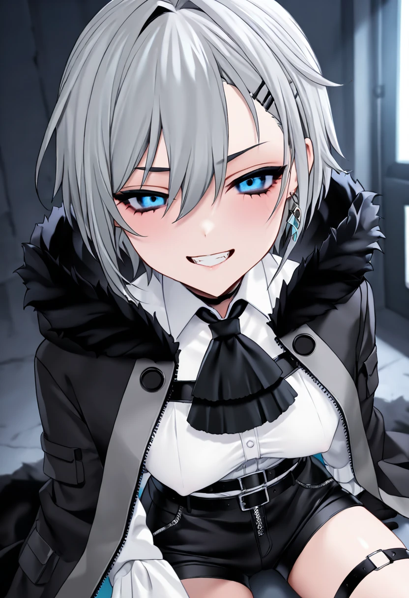 (anime screencap, masterpiece, best quality), Intricate details, indirect lighting, upper body, (close up face), looking at viewer, sitting, 1girl, , angry, grin, cowboy shot, (covered :0.8),
gray hair, blue eyes, hairclip, earring,
black neck ribbon, white shirt, black jacket, wide sleeves, long sleeves, black gloves, zipper pull tab, belt, miniskirt, short shorts, black shorts, miniskirt, thigh strap, boots