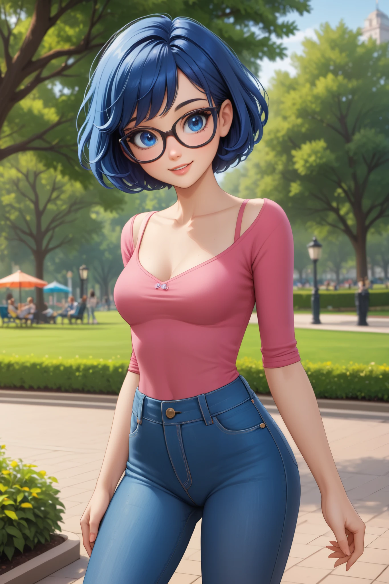 1girl, cute, adult woman, wearing glasses, nerdy, short hair, shorter hair, blue hair, blue eyes, best quality, masterpiece, at the park, modern world, slim body, slight and soft curves, jeans