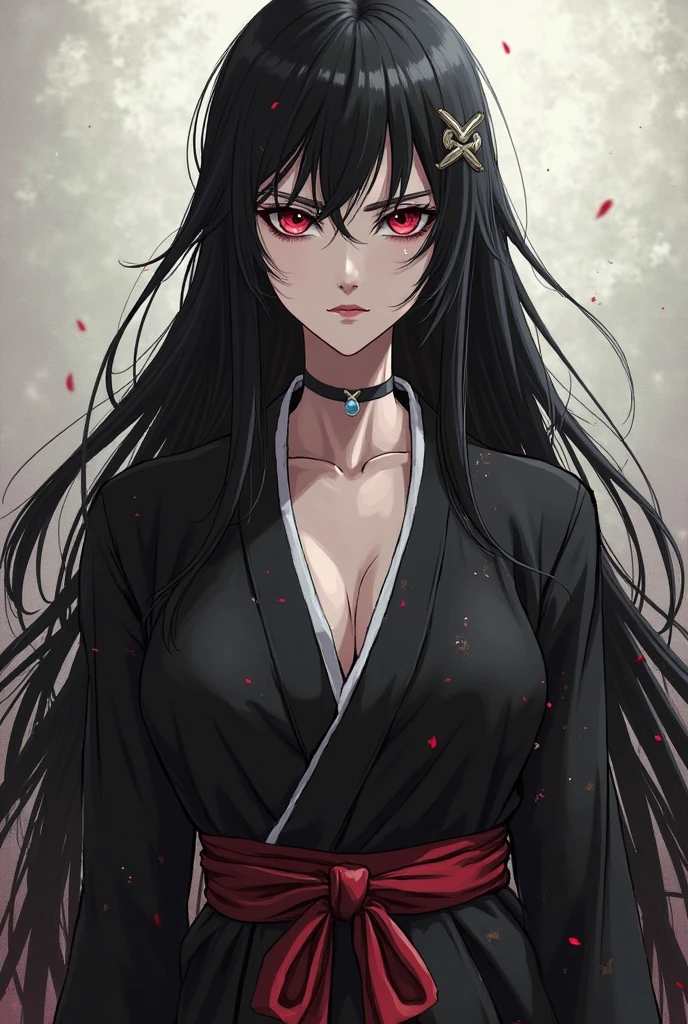 absurdres, highres night, ultra detailed, cowboy shot, diagonal view, grasslands,
1girl, oni horns, black hair, blunt bangs, long hair, disheveled hair, black open kimono, slit pupils,   pale skin, [furious:sad:0.8], aura, (looking at viewer:1.2), standing, large breasts, half undressed, wind, serious, dark theme,