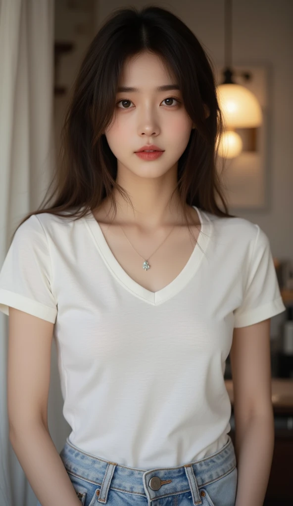 absurdres, RAW photo, extremely delicate and beautiful, masterpiece, Best Quality, ultra high resolution, 32k, hyperrealistic, ultra-detailed, perfect anatomy, super Detailed skin, perfect figure, Super Beauty, Perfect Style, Perfect balance, Beautiful Lighting, Perfect Lightning, Realistic Shadows, 20 years old, very Slim body, narrow waist, very small head, very small face, delicate facial features, handsome detailed woman, very detailed eyes and face, realistic face proportions, Realistic beautiful face, Realistic beautiful eyes, tearful mole, earring, very huge round breasts, legs, medium hair, asymmetrical hair, whole body shot, indoor, t-shirt, crop top, skirt,