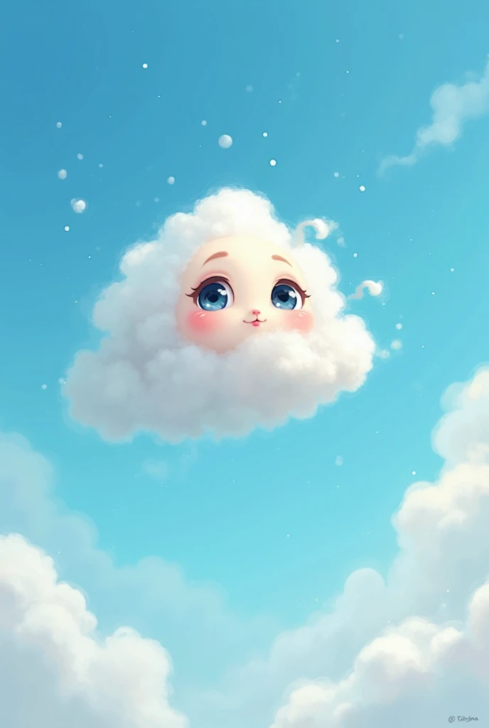 Illustrations, children's books,
Draw a cloud with a smiling face in the cloud. The shape of the cloud should express fluffiness, and the smile should be gentle and joyful. Please draw the clouds in natural harmony with the blue background of the sky.