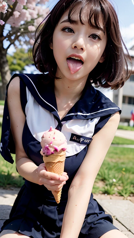 Pubic hair grows、Smile full of happiness、((During hard sex:1.3))、Pink Panties、、Panting face、Lacking、After being attacked、school girl outfit(Plaid miniskirt)、a sailor suit、Sweating、Expression in a state of excitement、short-hair、eye glass、((Licking soft-serve ice cream:1.3))、((pulling panties down:1.3))