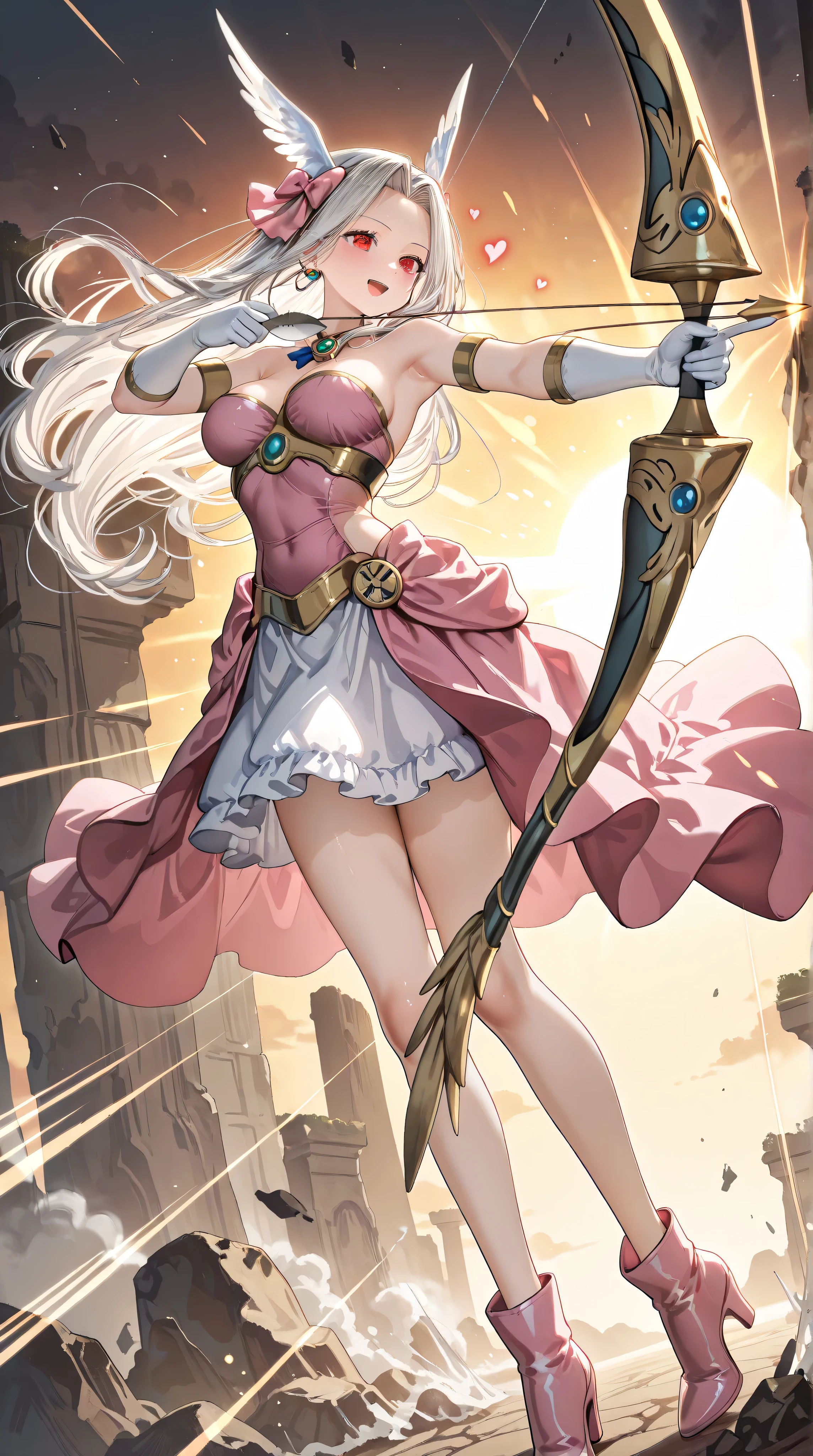 1girl,(Irisviel von Einzbern),mature female,red eyes,solo,bangs,large_breasts,(Valkyrie),white gloves,pink footwear,high heels,pink boots,pink bow,blue bow,bow,brooch,dress,standing,earrings,frilled dress,frills,gloves,hair bow,heart,jewelry,seductive smile,open mouth,holding bow\(weapon\),Aiming a Bow,dynamic angle,speed line,motion lines,apollousa bow of the goddess,art style,best quality,amazing quality,very aesthetic,absurdres,anime,best quality,amazing quality,very aesthetic,absurdres,masterpiece,best quality,newest,highres,absurdres,very awa,shiny skin,(artist:loika:0.5),(artist:xiaoshou xiansheng:0.8),artist:rin31153336,artist:gawako,