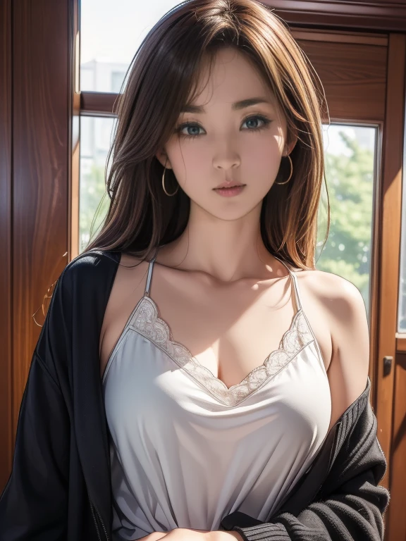 (hyperrealistic), (illustration), (high resolution), (8K), (extremely detailed), (best illustration), (beautiful detailed eyes), (best quality), (super detailed), (masterpiece), (wallpaper), (detailed face), solo, (dynamic pose), 1 girl, white wavy hair on the chair, korean, heterochromic eyes, small moles under the eyes, ((short apron)), medium breasts, long legs, tightens abs, (camel toes), (no panties), (no bra)