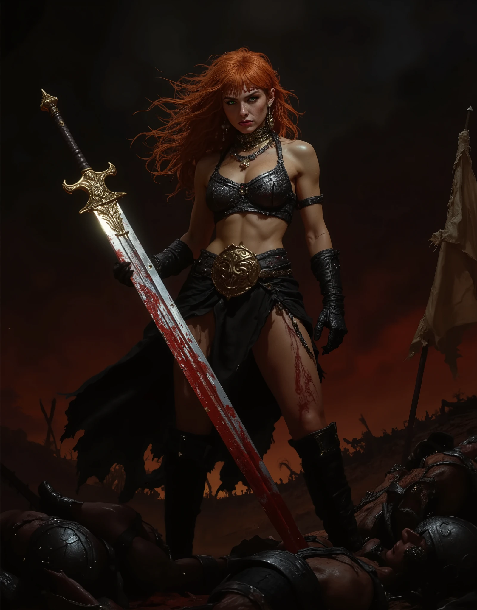((artwork, highest quality, Highest image quality, high resolution, photorealistic, CRU photo, 8k)),(best quality, 4k, high resolution, masterpiece: 1.2), ultra detailed, (realistic, photorealistic: 1.37), ray tracing. Best quality, masterpiece,Red Sonja stands with a stern look at the viewer. expression of pure hatred and rage on her face. screaming with uncontrolled fury after the battle. furious and rabid. Beautiful, beautiful woman, orange-red hair, very long, disheveled and unruly hair falling on her , detailed green eyes, long eyelashes, thick pink lips, wet lips. Dressed as Red Sonja the comic book character, with a chainmail top, top and thong made with chainmail. Chainmail top and thong, sexy top and thong, black aged leather knee high riding boots, dirty red cape torn and frayed blowing in the wind, big , long hardened black leather gloves, narrow waist, average hips, wide belt with ornately engraved round gold buckle, shapely legs, sun-tanned skin. abdomen shown. Red Sonja stands on a mound, under her feet is full of enemy soldiers in epic fantasy medieval armor, stacked in a triangle on top of each other, with arrows stuck in the s of dead soldiers, in the background frayed banners wave in the wind. she stands on top of the s. the mound is covered with hundreds of bodies of soldiers defeated by Red Sonja. Epic battle scene. Red Sonja wields a mystical and powerful sword with runes on its blade with both hands. The sword is covered in the blood of her enemies. Blood drips from the edge of the sword, threatening the camera as a sign of victory and power. Red Sonja is completely stained with blood, blood on her face and body, a furious and wild beauty. The sky is tinged with red and black. Epic scene of Red Sonja's victory against many enemy medieval soldiers. Bloody and violent scene of sword and sorcery. Epic fantasy.