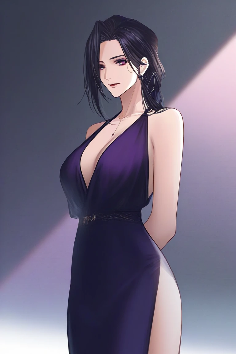 (masterpiece, best quality:1.2), solo, 1girl, arielaraven, mole, expressionless, looking at viewer, standing, purple eyes, black dress, earrings, cleavage, manic grin, heart pupil