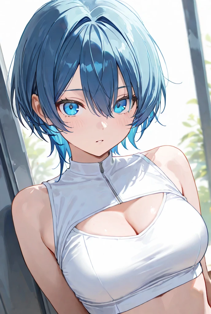 (Light blue camisole sculpture pose Taking off your panties and provoking Very detailed down to the smallest detail clear outline beautiful face beautiful skin) thin waist Slender ribbed thin limbs nipple cleavage beautiful breasts short bob uterine orifice beautiful fingertips pink nails anime style blue hair glasses girls、Sex、