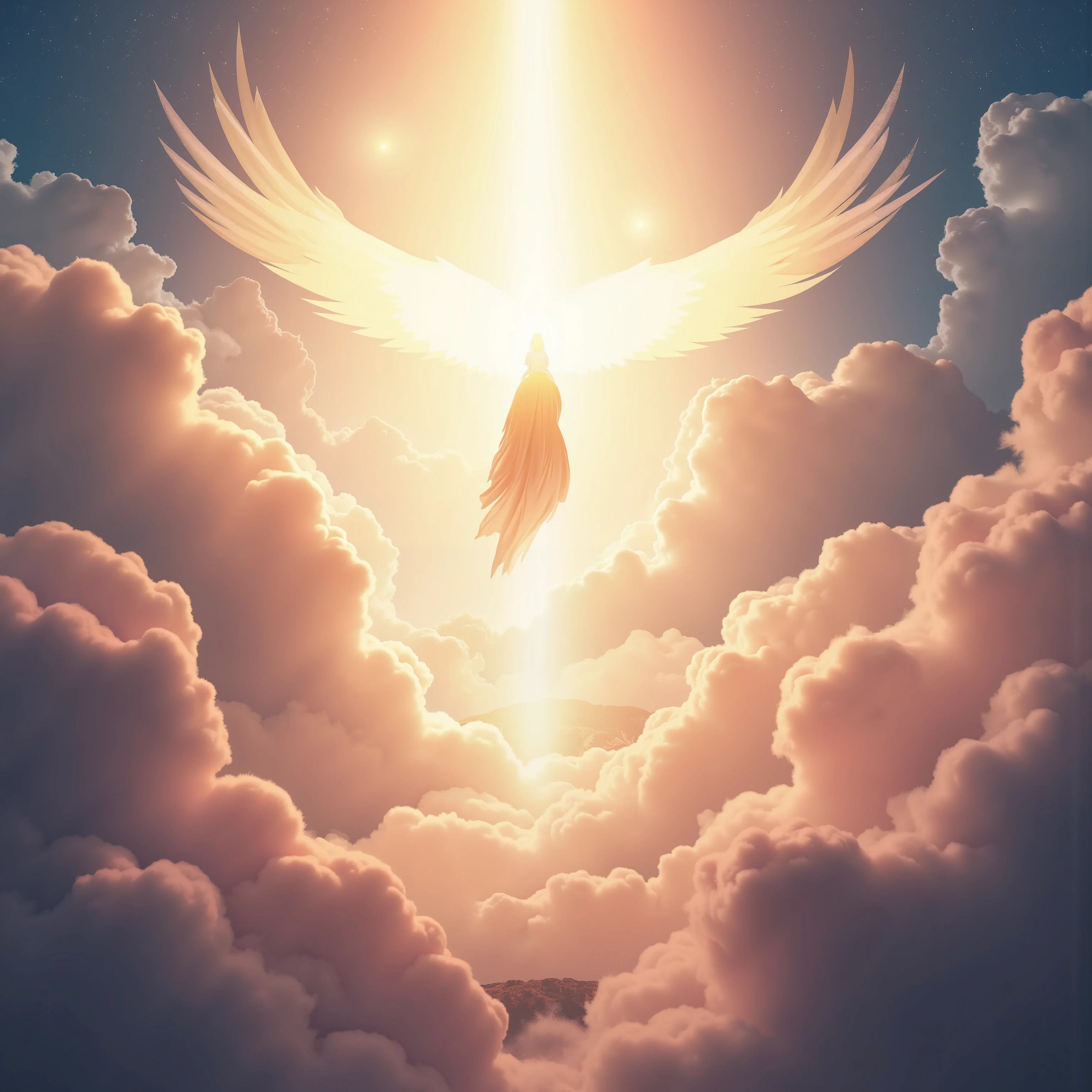 An entity rising through the skies of cloud while an emitting light of blessing strikes on it