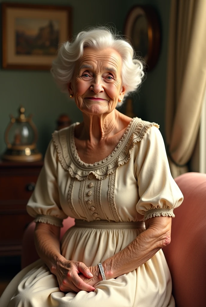 An older grey-haired lady with skirt and white blouse with lace smiling