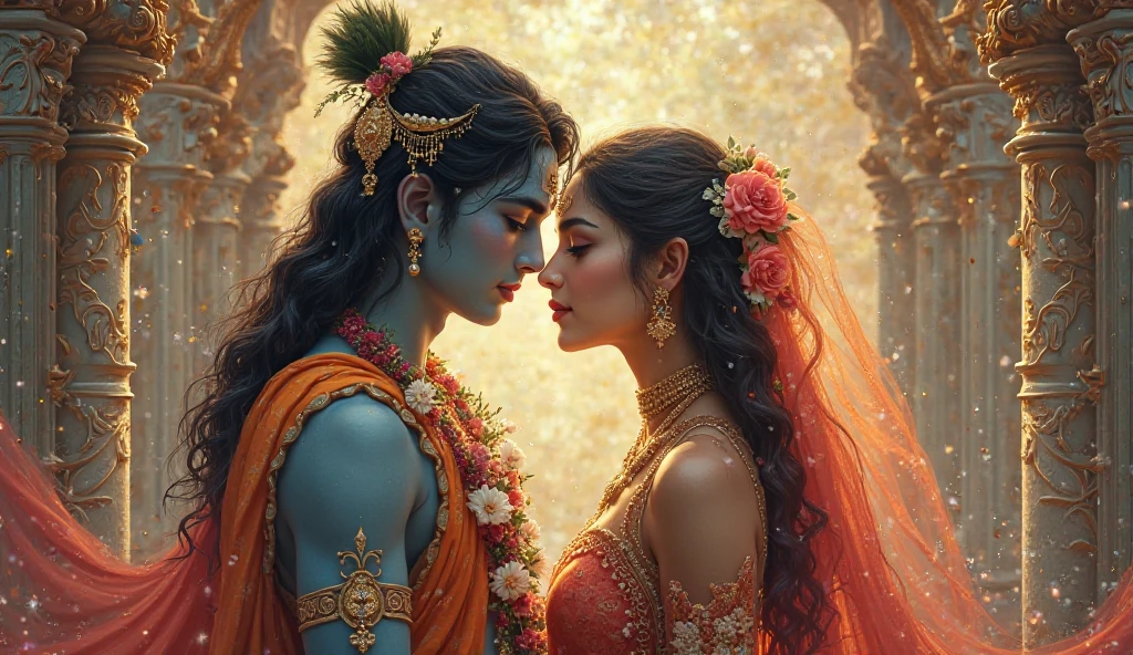 a painting of a couple in love embracing each other, kiss, hindu art, goddess of love, beautiful art uhd 4 k, devainart, hindu aesthetic, the goddess of love, very beautiful photo, 4k art, 8k high quality detailed art, 4 k post, 4k post, indian art, vishnu, beautiful digital artwork, avatar image