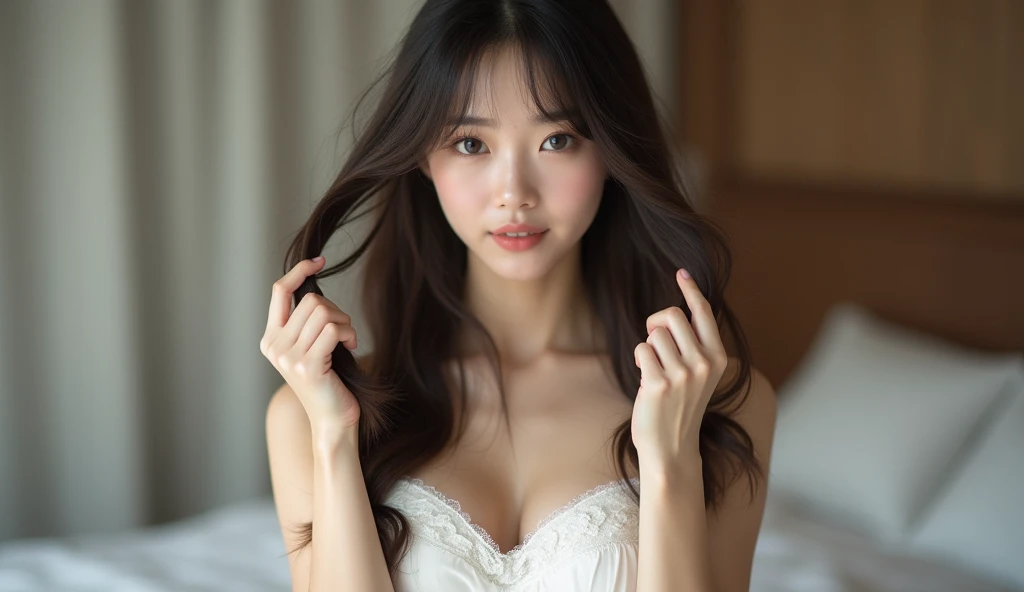 The image is a portrait of a young Asian woman with long dark hair and bangs. She is wearing a white dress with a sheer neckline and long sleeves. She has a pair of silver earrings and a bracelet on her wrist. The woman is standing in front of a colorful background with a vase and other decorative items. Her hands are raised in the air, as if she is making a peace sign with her fingers. She appears to be posing for the camera.