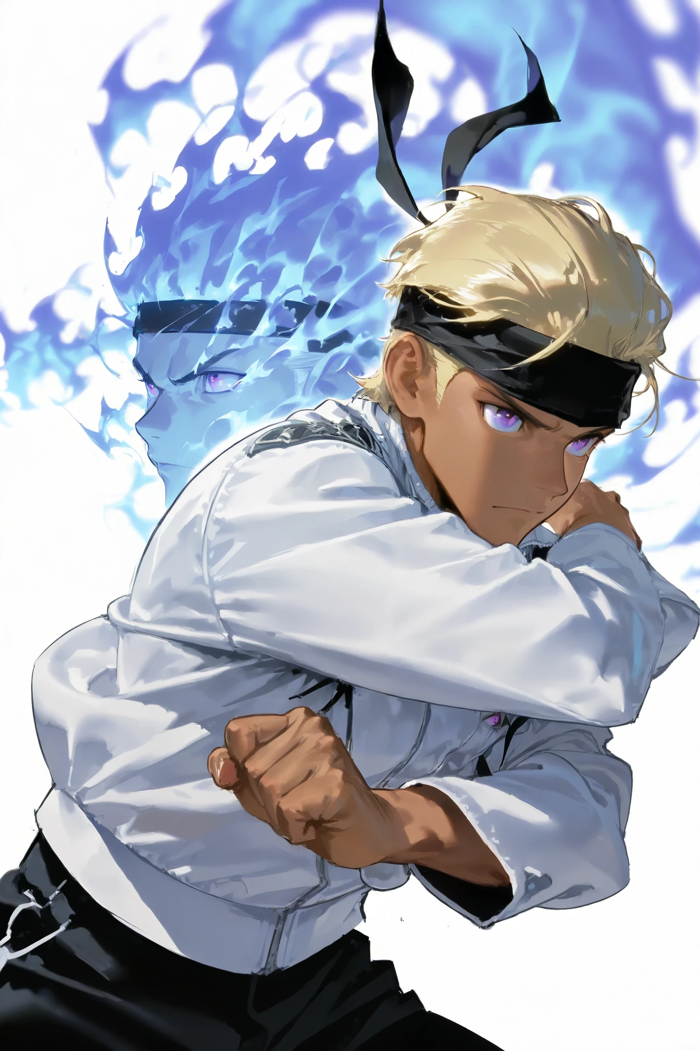 Athletic handsome man in futuristic fantasy clothes, Black headband, black bandana headband, slicked back blonde hair , purple eyes, tan, white jacket, black pant, intricate pencil sketch, un-zoom, highly detailed, white background, upperbody , Dynamic pose, upper body, black blue fire, Dynamic pose