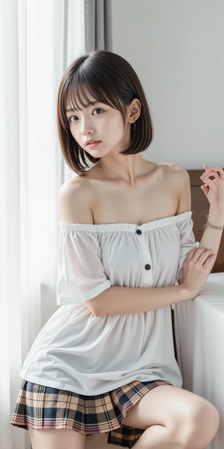 (masterpiece:1.2, best quality), (realistic, photorealistic:1.4), Beautiful illustrations, (natural side lighting, movie lights), depth of written boundaries, 
looking at viewer, (face focus, upper body), front view, 1 girl, perfect face, cute symmetrical face, glowing skin, 
(bob hair:1.7), asymmetrical bangs, big eyes, droopy eyes, long eyelash chest), thin, 
beautiful hair, beautiful face, beautiful beautiful eyes, beautiful collarbone, beautiful body, beautiful breasts, beautiful thighs, beautiful feet, beautiful fingers, 
(beautiful scenery), dinner, (bedroom), (laugh, advanced, open your mouth), off shoulder t-shirt
