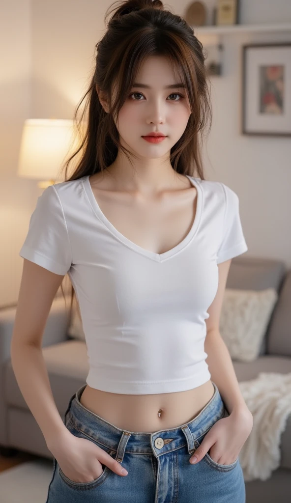 a female teacher, very thin, pale white skin, visible bones, wearing tight shorts and a tight short shirt,