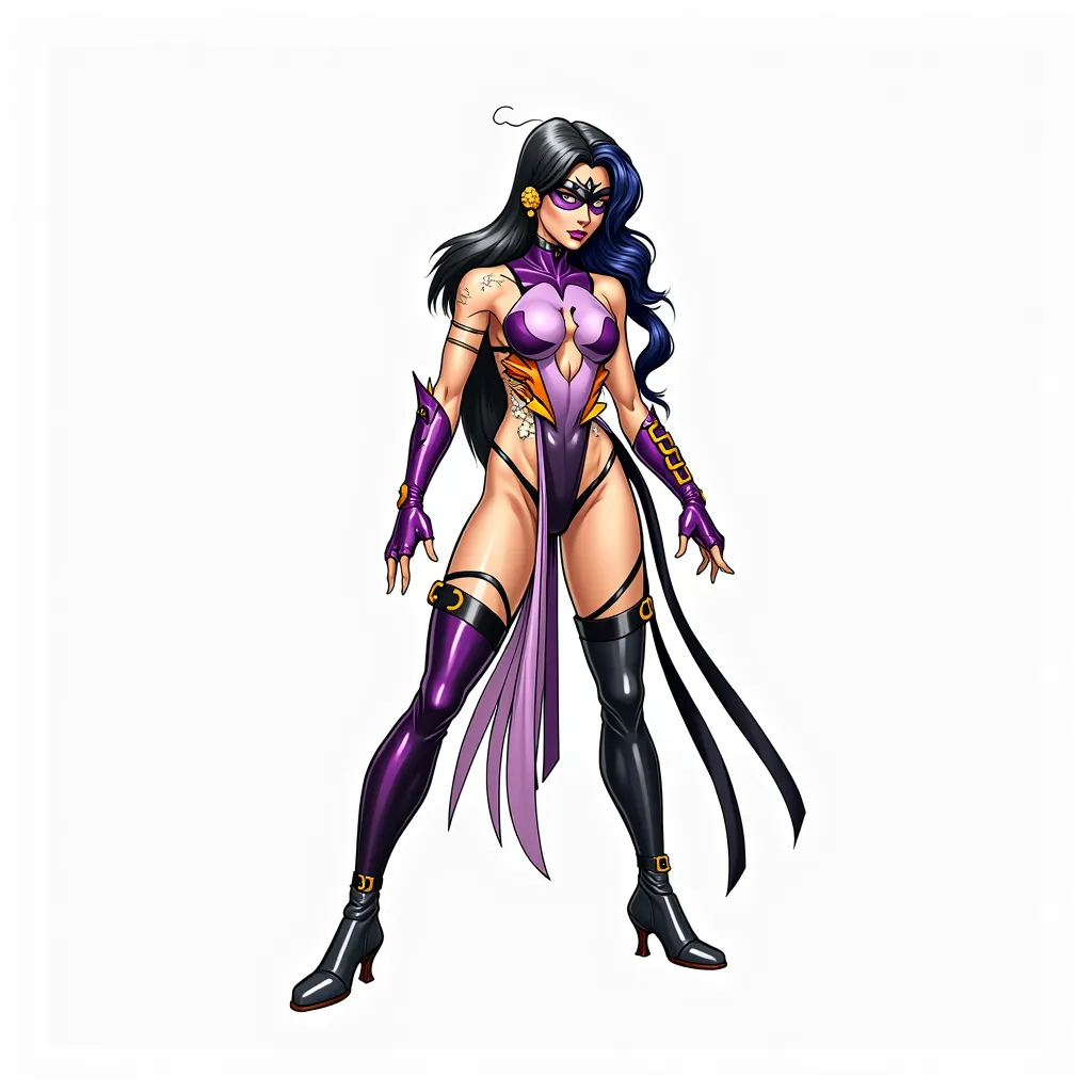 symbiote, CindyMoon , purple hair, long hair, bridal gauntlets, purple thigh boots, purple leotard, sash, belt,
