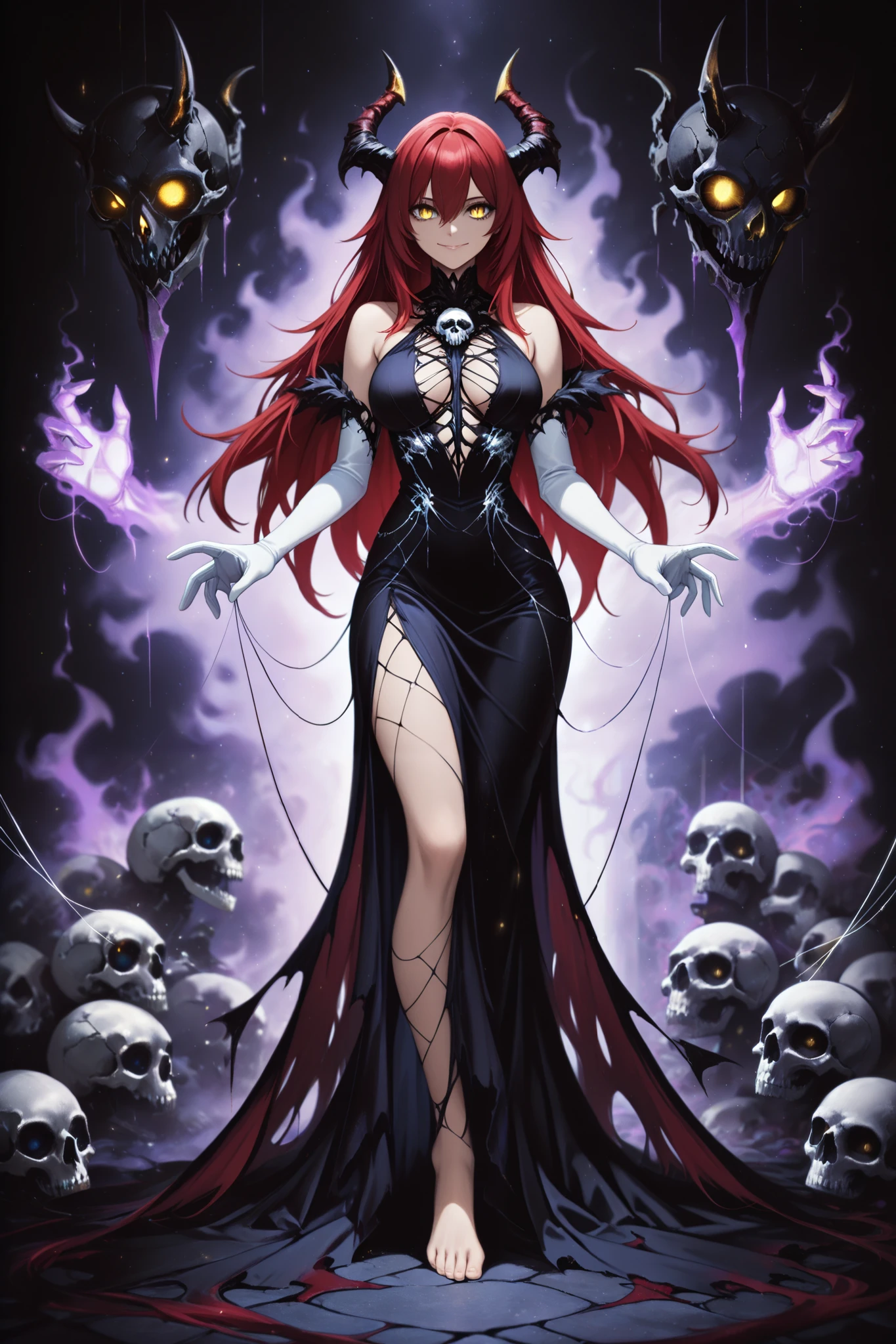 (masterpiece) , (highest quality) , (very detailed) , (the best shape) , (absurd) , (so beautiful) , (perfect anatomy), (perfect clear eyes), 1girl,red hair, long hair, golden eyes , long hair , gloves, standing, solo, looking at viewer, barefoot ,dress, demon girl, white gloves, hair between eyes , bare shoulders, smile, skull, slit pupils, elbow gloves ,necromancer, black corsage dress, laced, bound, purple dark aura, puppeteer, thin silver string comes out of her fingers, , puppet strings