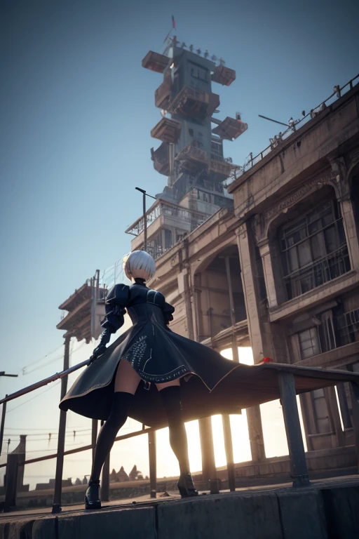 (otherworldly, otherworldly atmosphere, otherworldly appearance), highly insanely detailed, masterpiece, top quality, best quality, highres, 4k, 8k, RAW photo, <lora:operators-nvwls-v1:0.7>, op21o, short hair, hairband, mouth veil, bodysuit, bodystocking, black gloves, thigh boots, looking at viewer, furrowed brow, large breasts, blue eyes, kneeling, from above, city street, (fantasy world)