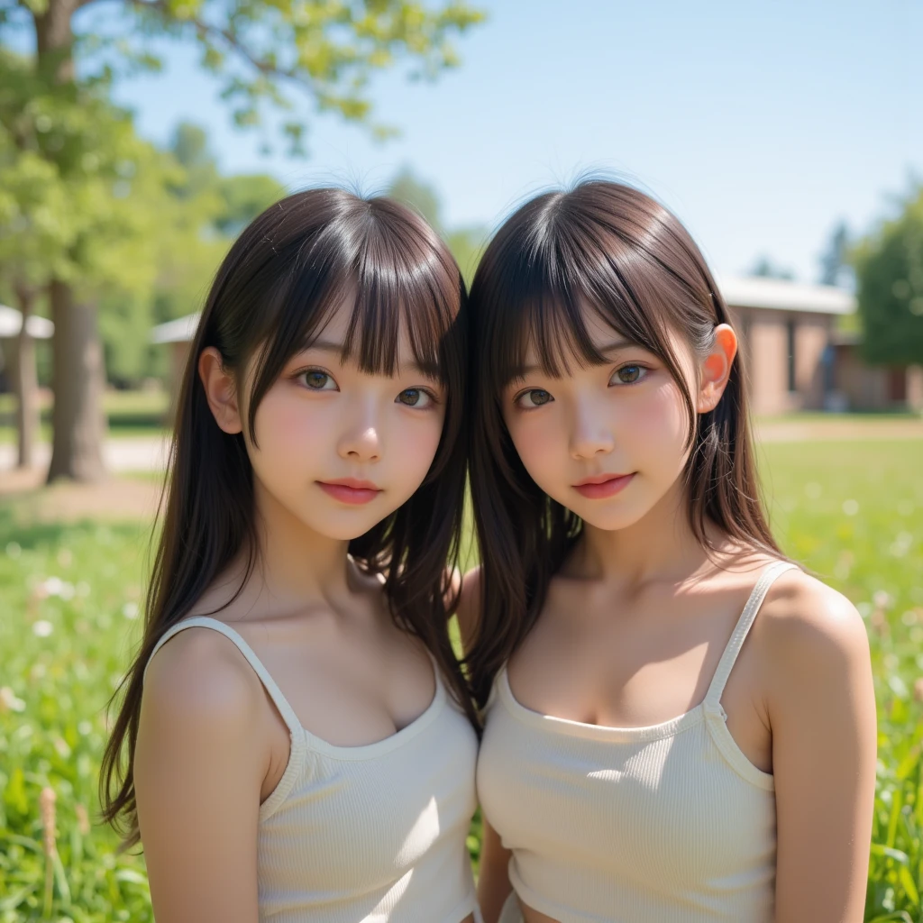 pieces fly, highest quality, ((highest quality、8K、masterpiece:1.3))、ultra high resolution、Physically based rendering、(realistic:1.37)、完璧な体の美しいtwo women:1.4、slim abdomen:1.2、Highly detailed face and skin texture、 red cheeks、white skin、thin waist,thin legs、highest quality,Super detailed,masterpiece,very beautiful 12 year old girl, (cute:1.2),perfect shiny skin,perfect skin,((Accurate hand without discomfort)), (brown hair),(ponytail),(((upper body nude)))、(((full nude)))、((plaid pleated skirt))、((I can see your ))、(((Cheb is visible)))、(((two women)))、(((Two girls who are good friends)))、(((someone touches my chest)))、smile、((Stroll through the flower fields)))、((garter stockings))、((put your hands behind your head))