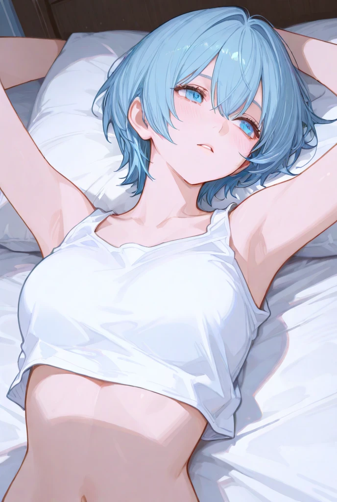 short blue hair, red eyes, wearing loose white t-shirt, no legwear, girl stretching on the bed, high angle shot close up to her face, yawn expression, closed eyes, barefoot, arms up, sweaty, bedroom, absurdres, high res, ultrasharp, 8K, masterpiece