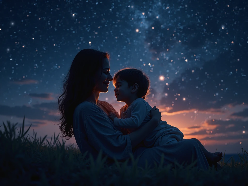 A Brazilian woman from behind with long black hair and bangs, with a 3-year-old blond son on his back, son&#39;s slightly voluminous hair, both looking at several shooting stars in the colorful sky