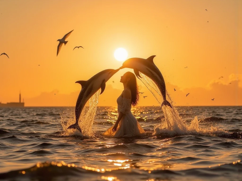 Silhouette of a woman in a bikini trying to reach the sun during a sunset on the seashore and two dolphins in the distance coming out of the water