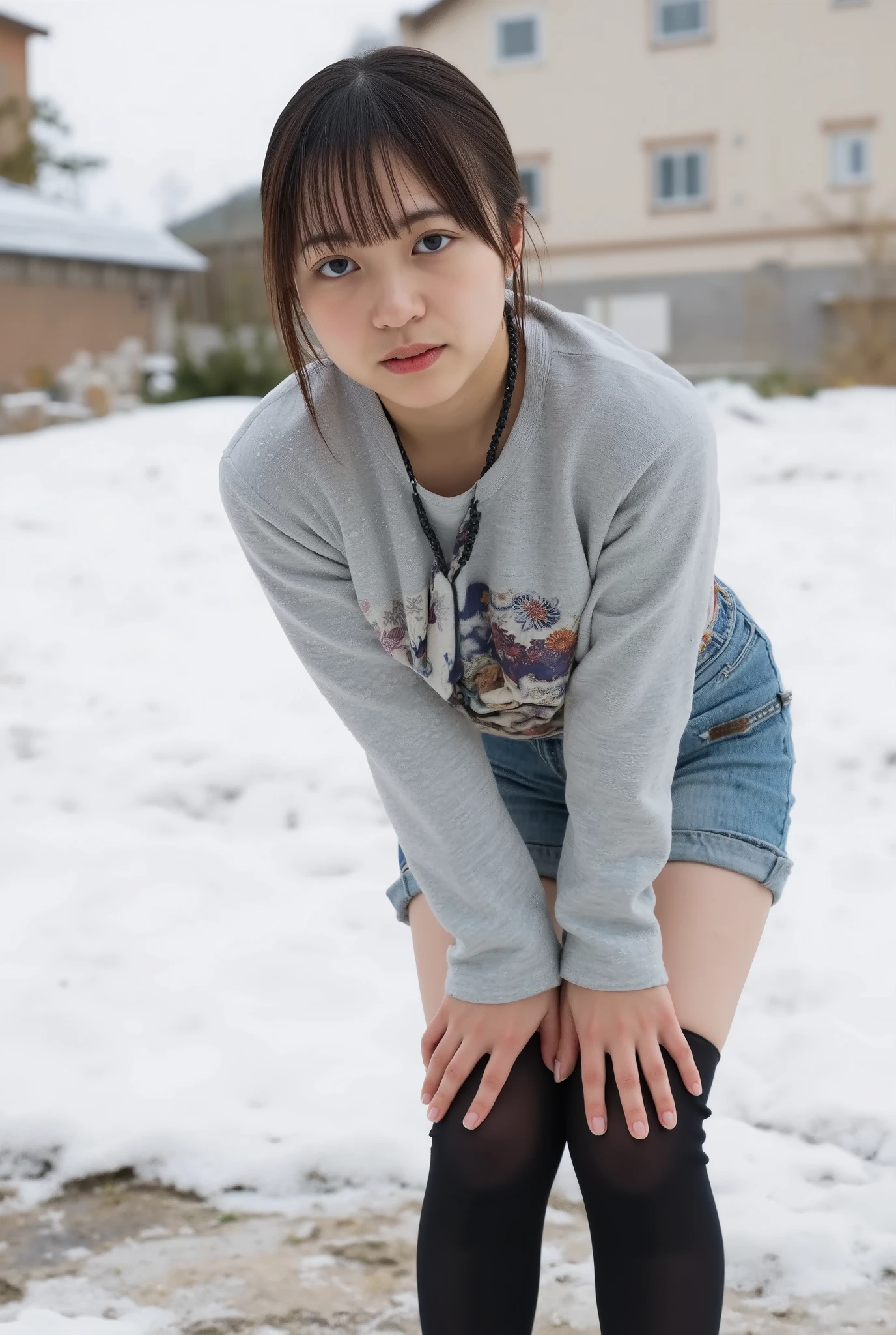 high resolution pictures of young Japanese women, Fashion Shoot, full body, Focus on Your FACE, dark hair with bangs, snowy skin , fine skin, (schools, black thighhighs, loafers), (urinating by herself while standing leaning forward with her legs open, feet away :1.3), Urine puddle, (By hand「v」Create the shape), joyful expression, staring at the camera, (Front Map, view from below), detail hand , detailed finger, perfect hands, outdoor,