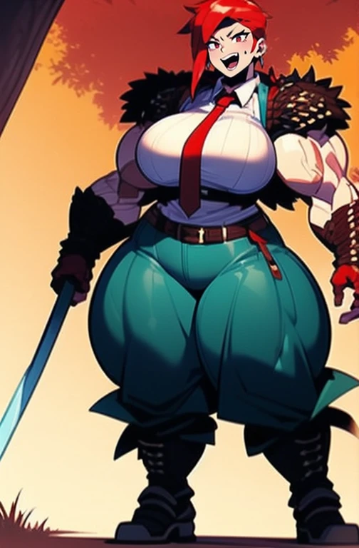 helga, dark-skinned female, short hair, silver hair,, horns, red eyes, , huge breasts, no wings, muscular female, thick thighs, thick arms, tomboy,full body tatto,, no tail,fertility tatto, breeding tatto,smug, holding axe, reflection light, blending, bloom, god rays, ray tracing, Fujicolor, drop shadow, Gothic art, anime, Ghibli-like colours, anime style, UHD, retina, masterpiece, ccurate, anatomically correct, textured skin, super detail, high details, high quality, award winning, best quality, highres, 1080P, HD, 4K, 8k, 16k,refsheet, pullover, pantashion #Clothing Trigger Words: edgPO wearing edgPO pullover sweater, coat, pants