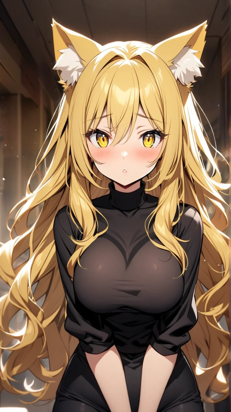 one woman,black t-shirt,Are standing,,big breasts,beautiful face,grin,long hair,straight hair,yellow hair,Orange red eyes,Navajo white background color,From before,anime style,high quality,American