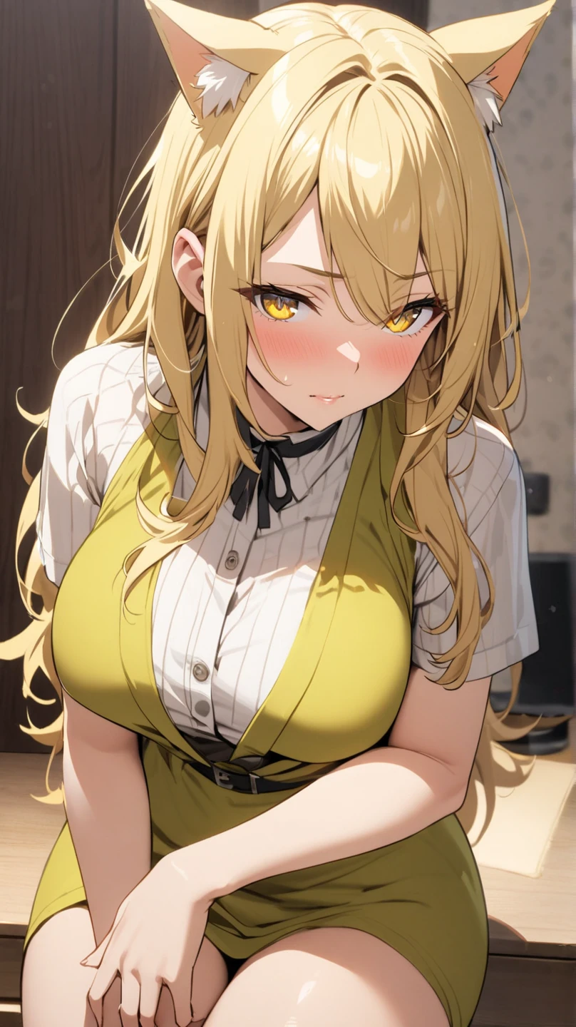 (masterpiece), best quality, expressive eyes, perfect face,1girl,blonde hair,green eyes,high ,sunset,classroom,sitting,desk,sitting desk top,looking at viewer,pink light,empty eyes,spiral pupils,mind control,big breasts