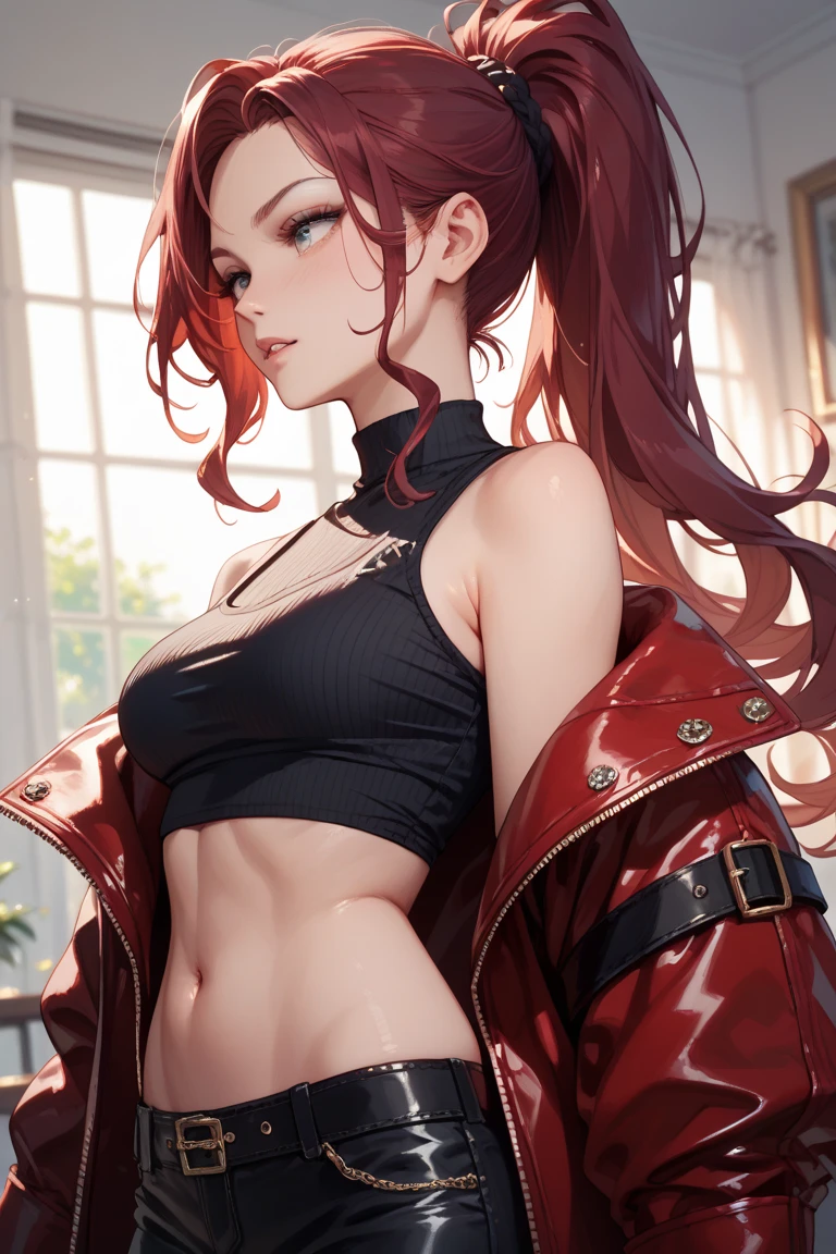 taller slim woman, (laughing:1.2), slender, narrow-waisted pants, (multicolored hair:1.3), voluminous messy hair, asymmetrical long hair, (gothic eye makeup:1.3), (brown skin:1.3), (tanned skin:1.3), (bronze skin:1.3), gorgeous eyes, well toned abs, open legs, knees up, visible under chest, showing underboobs, visible lower breasts, dynamic pose, sexy pose, cinematic angle