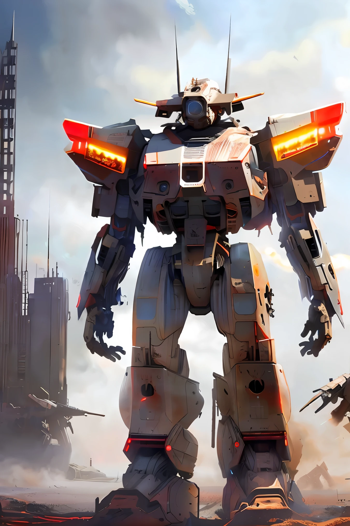 cinematic lighting, realistic textures, post-apocalyptic atmosphere, 4K, high detail, A heavily damaged humanoid war robot, abandoned on the battlefield. Its body is painted in sand colors but is scarred with bullet holes, scratches, and chipped paint, showing signs of intense combat. Smoke rises from the remains of gunfire, and dust swirls around, creating an atmosphere of destruction. The ground is covered in debris, with remnants of a fierce battle between giant robots