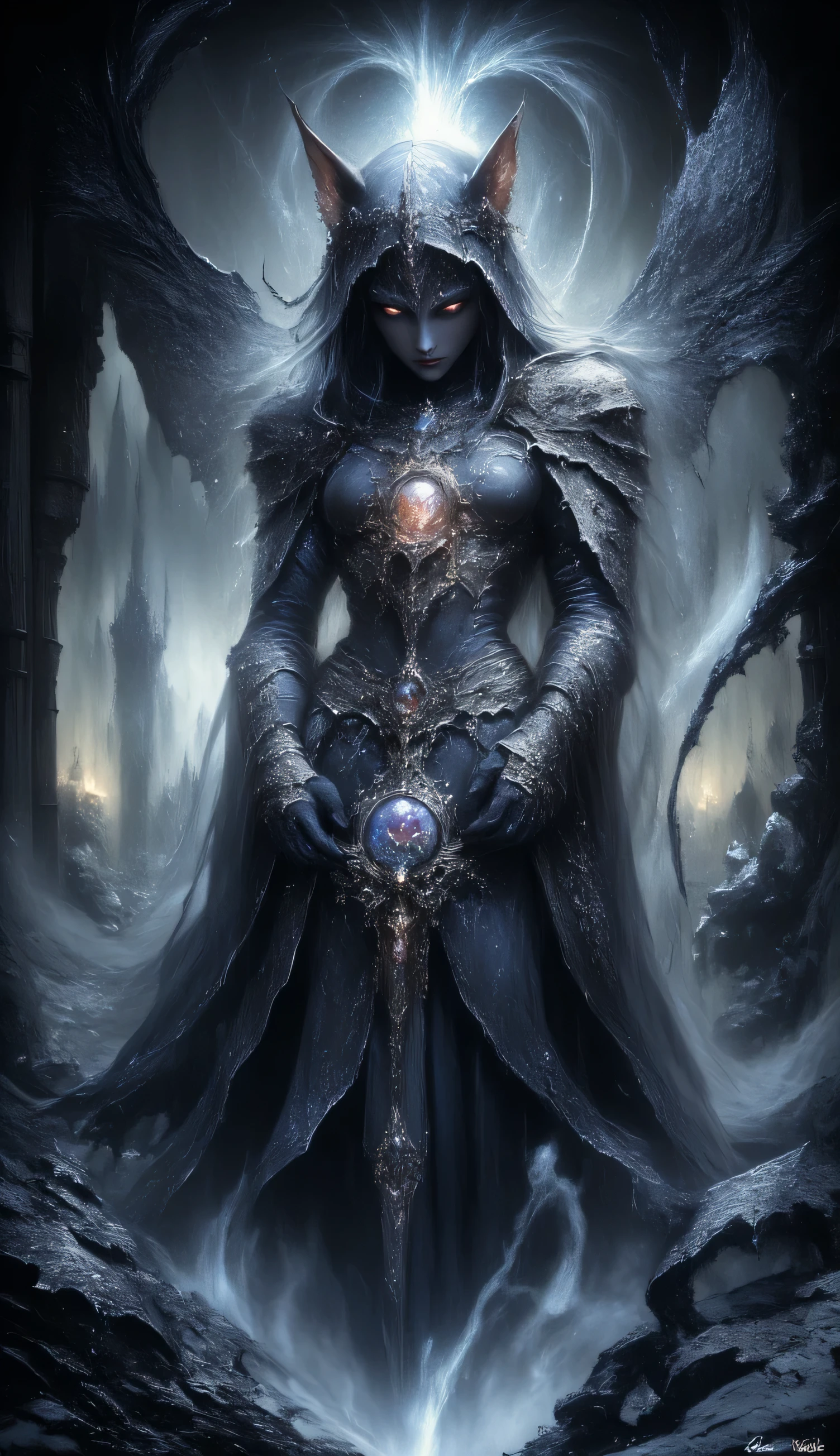 Hyper realistic, highly detailed, best quality, HDR , A dark fantasy scene featuring a female elf warrior with long, flowing black hair, dressed in ornate, silver armor adorned with glowing red gemstones. She stands confidently beside a massive black wolf with glowing red eyes and a mystical red symbol on its forehead. The background showcases a misty, gothic landscape with a towering, shadowy castle surrounded by eerie, twisted trees. Faint figures holding torches emerge in the distance, casting a haunting and mysterious glow. The atmosphere is mystical, with swirling fog and a sense of dark enchantment.