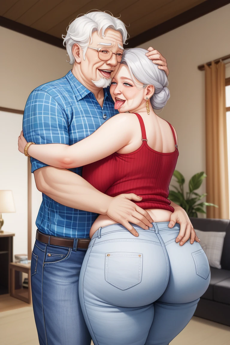 Shy face、red blush、middle aged man、lean body、Big pectoralis major muscle、anal sex、bottom、Weigh、length hair、silber hair