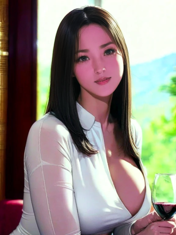 ​masterpiece、top-quality、realisitic、(A hyper-realistic), (illustratio), (hight resolution), (8K), (ighly detailed), (The best illustrations), (beatiful detailed eyes), (top-quality), (ultra-detailliert), (​masterpiece), (wall-paper), (详细的脸), a bed、Upper body close-up,Armpit, A smile,Plump,独奏,（Wearing a flesh-colored silk plunged open shirt:1.5）, full of sweat, japanes, large full breasts, (camel's toe)、huge-breasted、Luxury living room、Detailed white teeth、ultimate beauty girl、No bra、（Thick necklace of gold）、perfect teeth、Brown hair、Light makeup、Navel、Mansuji、She's wet、