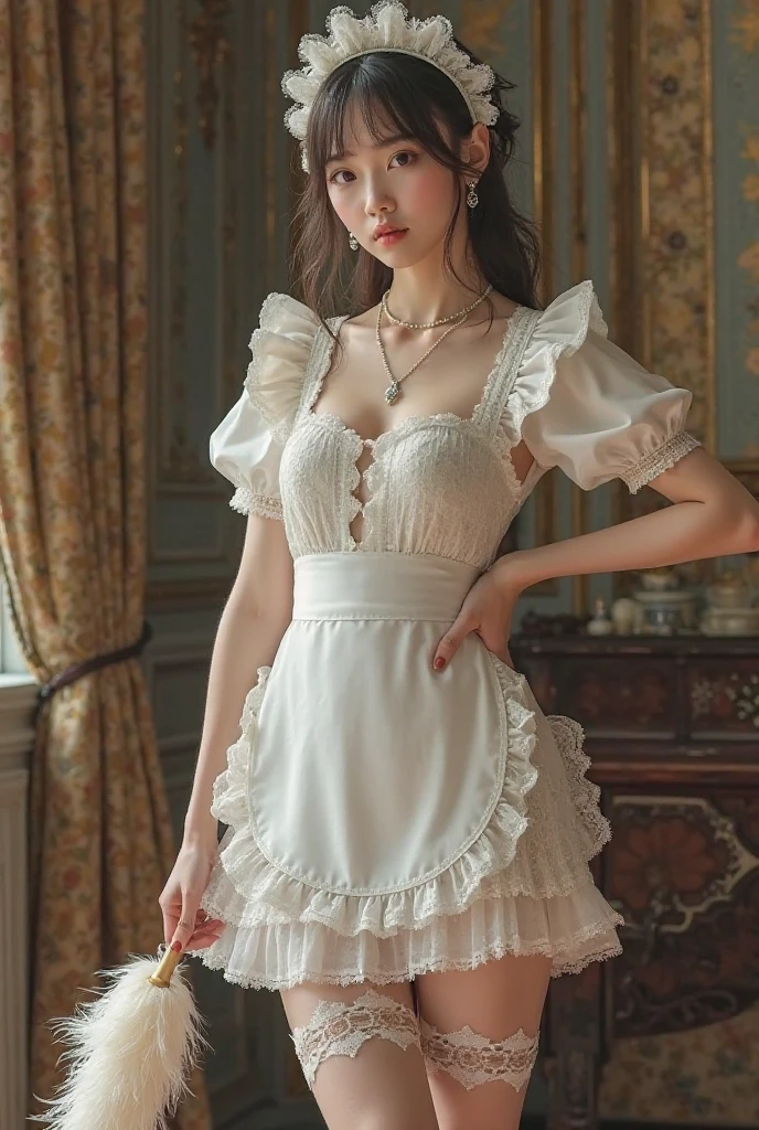 A beautiful young girl in a maid dress, extremely detailed and realistic, large expressive eyes, luscious lips, long eyelashes, flawless skin, detailed facial features, elegant maid outfit with frills and lace, intricate embroidery, standing in a beautifully lit indoor setting, natural lighting, warm color tones, photorealistic, 8k, highly detailed, masterpiece, (best quality, 4k, 8k, highres, masterpiece:1.2), ultra-detailed, (realistic, photorealistic, photo-realistic:1.37), HDR, UHD, studio lighting, ultra-fine painting, sharp focus, physically-based rendering, extreme detail description, professional, vivid colors, bokeh