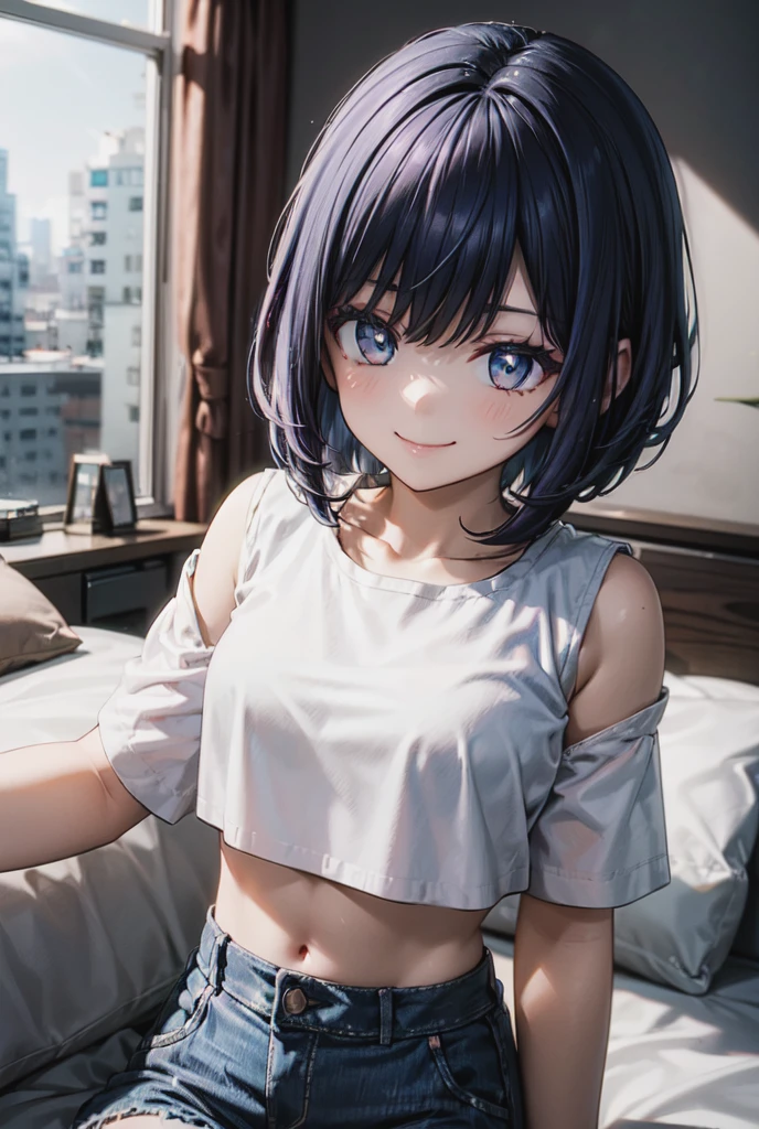 animeスタイル, film portrait photography, ((bird's eye view)), woman, blue eyes, black hair, short bob hair, wearing a black T-shirt, sit on a chair, ((turn your arms behind your back)), (spread your legs:1.2), anime, Moe art style, 8k, ((high angle)), bird's eye view,