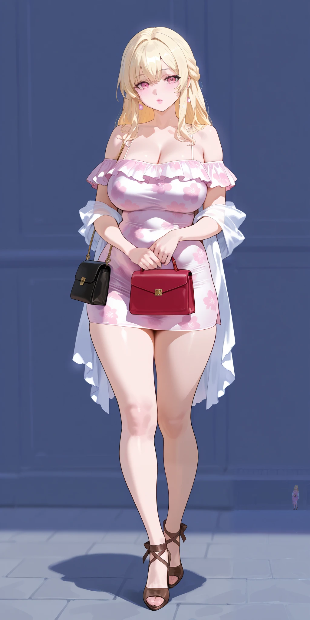 An extremely beautiful woman with blonde hair. She has extremely fair white natural skin, big pink eyes, big plump candy-red glossy lips, and a perfect slim body. She's only wearing a revealing short pink floral dress with spaghetti straps, a white thin shawl worn in an off-shoulder style, and brown heels. She's standing straight, carrying a purse, and a street in the background. Show her full body.