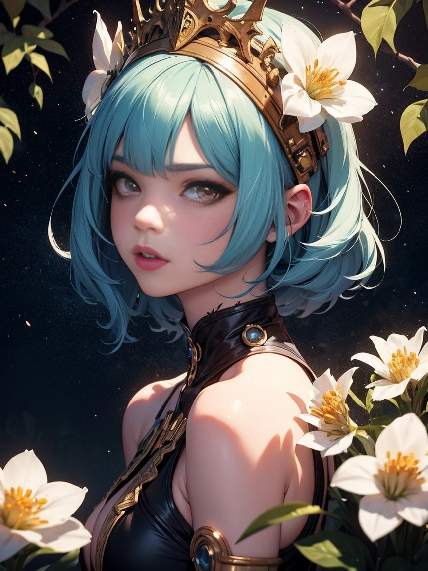 1 young woman solo, white dress, teal hair ponytails