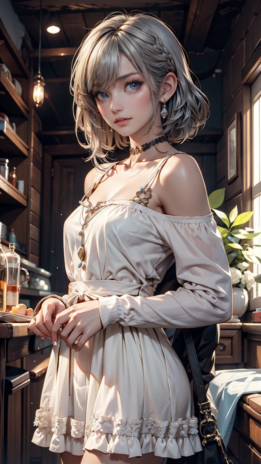 st. Louis (Luxury Wheels) (Azur Lane), One girl, hair ornaments, Earrings, necklace, Portraiture, Silver Dress, Revealing clothing, View Viewer, alone