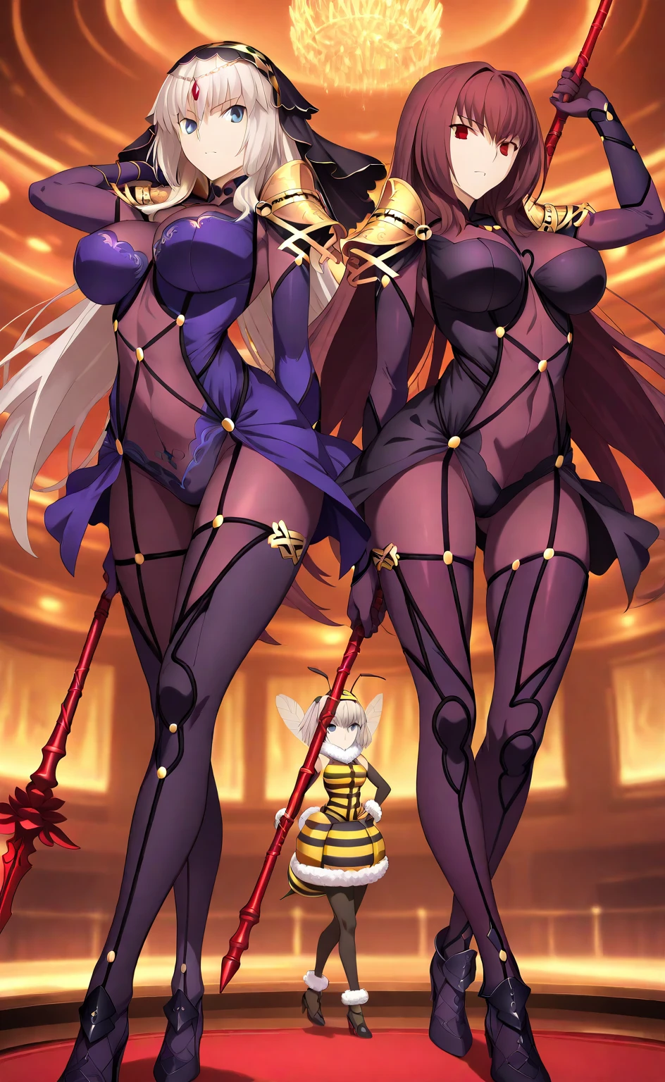 ((Highest quality)), ((masterpiece)), (detailed), （Perfect Face）、Another woman who looks the same as the woman３People standing side by side、The woman is naked and is the bride of the Demon King, the Dark Queen of the Black Moon Clan, the Demon Queen, Devil Queen Serenity, and is wearing a shiny black full-body bodysuit decorated with gold, a sexy female demon with jet-black skin, Devil Queen Serenity.、The woman is a jet-black female demon with magnificent devil horns, jet-black devil wings, and a jet-black tail. Her skin is jet-black, and she has a black inverted crescent moon mark on her forehead. She is the jet-black demon Devil Queen Serenity, and has blonde hair.２The expression of a girl in love with her long hair tied up、Woman is Devil Queen Serenity