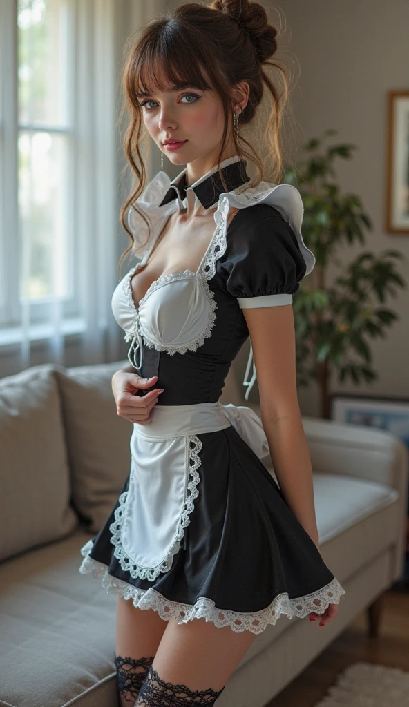 (masutepiece, Best Quality),  ultra-detailliert, Photorealsitic, ((Beautiful woman with silver hair ponytail)), (((Detailed French Maid Clothes))), (((long black skirts))), Lace underwear, White garter stockings, high-heels, a necklace, anklets,Lace ornament, Wavy Hair, Perfect face, Beautiful face, enticing, big gorgeous eyes, I have my mouth wide open, red-lips, makeup, seducting smile, Voluptuous body, seducting smile, Glamorous body, Big ass, wetbody, (inside in room), Gravure Pose, ((posterior view)), ((Wide angle shot from behind)),  Focus on the buttocks, Bright colors