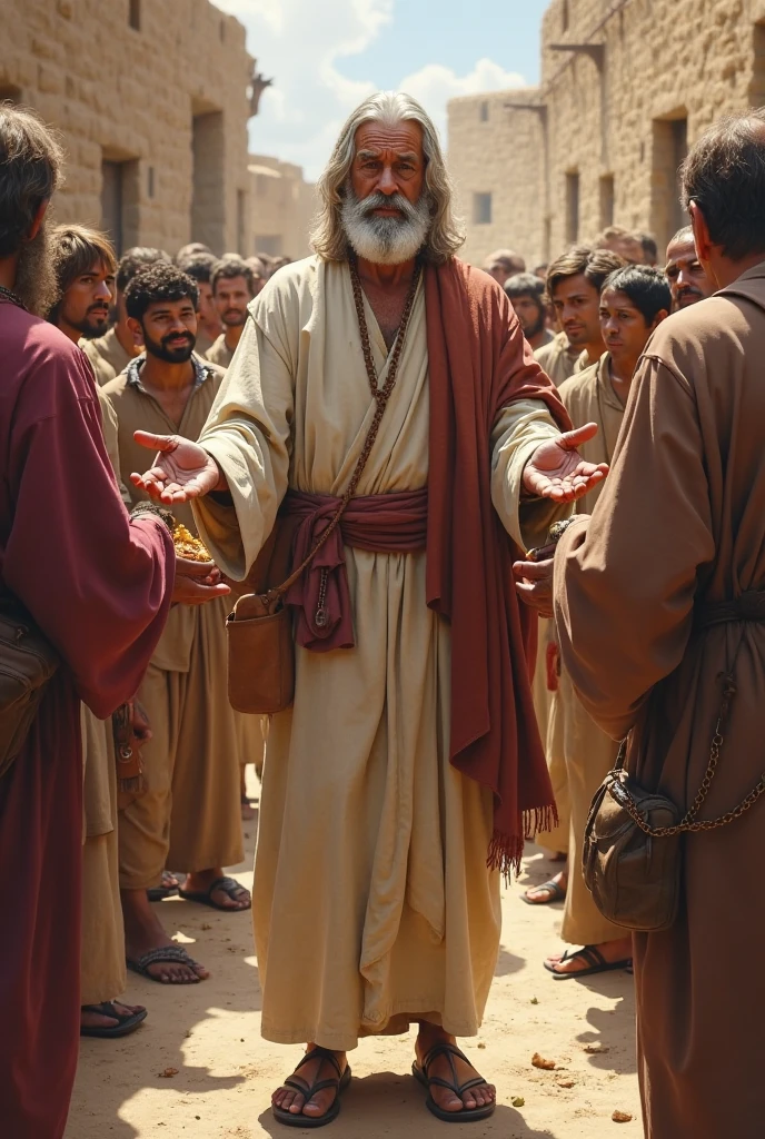 An ancient arabic man with shabby white clothes. He is Preaching in front of others people.