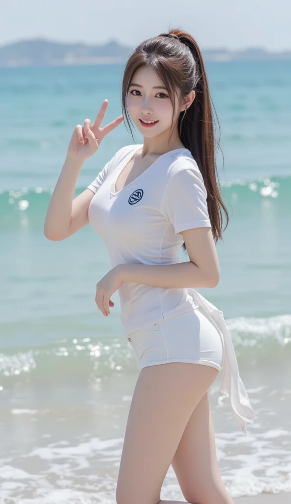 Beautiful high school student wearing white shirt tracksuit on beach by the sea，Super high value，perfect body figure，Delicate hair，Fair face and skin，Hanging water droplets，Have fun playing on the beach，Large breasts，Chest hyperexcion，The top is tight，detailed finger，Delicate white tender calves and toes，The sea is crystal clear