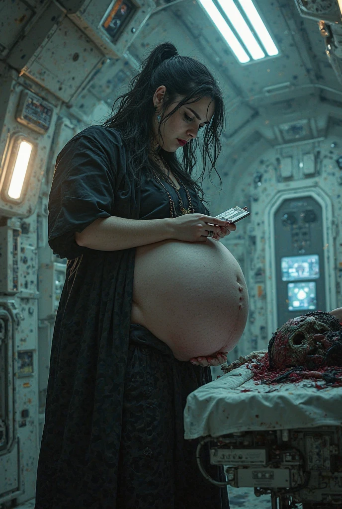 scared and desperate scientist pregnant with alien babies monsters moving inside her wanting to come out while the scientist is in a scientific laboratory trying to get rid of this situation asking for help